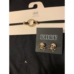 Skull & Crossbones Crystal Earrings & O-Ring Black Suede Choker